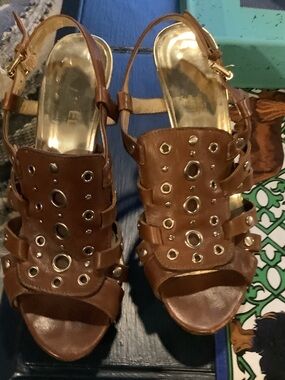 Michael Kors Brown Leather Grommet‎ Slingback Heels, 6.5